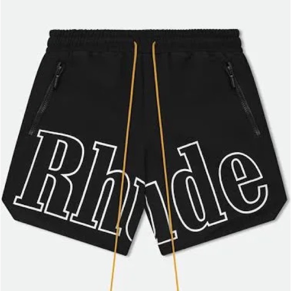 NWT Rhude Logo Shorts in Black/White with Gold Colored Drawstring Size L - Picture 1 of 12